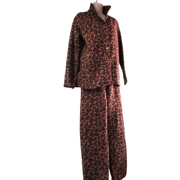 Leopard Print Guide Gear Pajama Set Top Bottom Cozy Fleece Ladies Large GUC - Picture 1 of 16